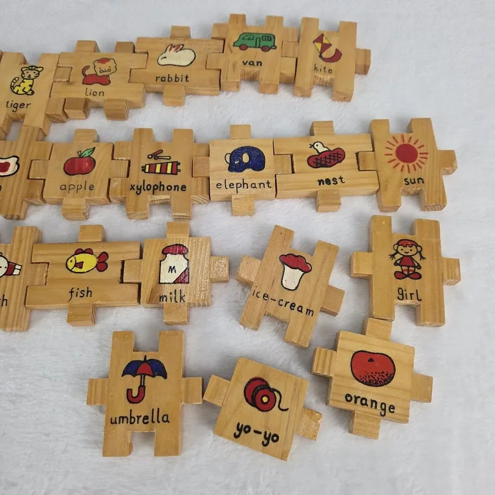 Vintage Wooden Interlocking Alphabet & Number Blocks Set of 36 Educational Toys